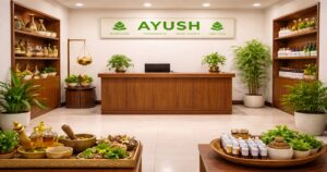 Interior of an AYUSH healthcare centre showing Ayurveda, Homeopathy, and traditional medicine sections at Merengipara AYUSH Hospital South West Garo Hills